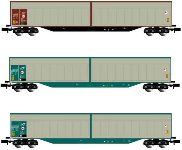 Arnold HN6415 - 3-unit set 4-axle sliding-wall wagons Habills, silver/brown resp. silver/green livery