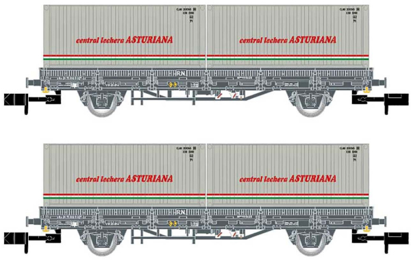 Arnold HN6421 - 2-unit set 2-axle flatwagon, grey livery, loaded with 2 containers Central Lechera Asturiana