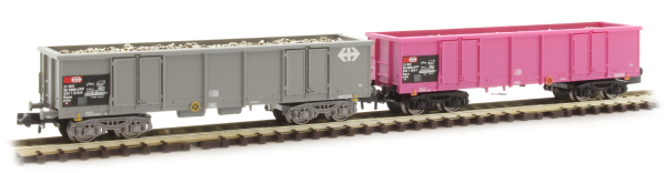 Arnold HN6426 - 2-unit pack 4-axle open wagons type Eaos, one in pink livery and one in grey livery, loaded with scrap