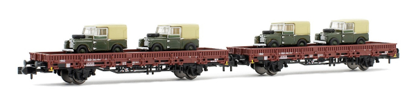 Arnold HN6434 - 2-unit pack 2-axle flatwagons type Kbs in brown livery, loaded with 4 Land Rover BAOR