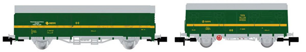 Arnold HN6577 - 2-unit set of 2-axle closed wagons, green/yellow livery