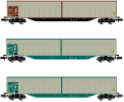 3-unit set 4-axle sliding-wall wagons Habills, silver/brown resp. silver/green livery