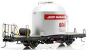 Cement silo wagon type Uce with red band and piping of the RhB