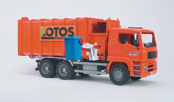 bruder toys man side loading garbage truck orange
