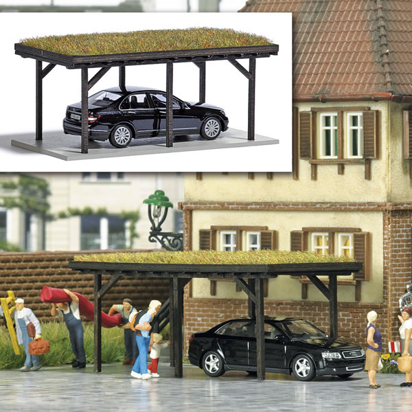 Busch 1482 - Carport with Grass Roof and Model Vehicle
