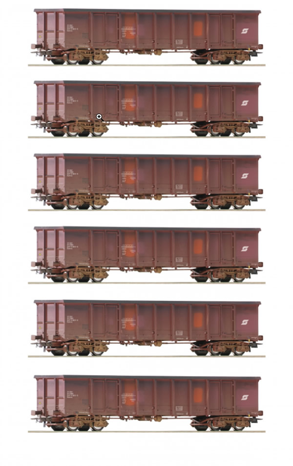 Consignment RO75974 - Roco 75974 - Austrian Set of 6 Open Goods Wagons (Weathered) of the OBB