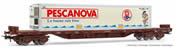 MMQC 4-axle stake wagon, loaded with refrigerated container PESCANOVA