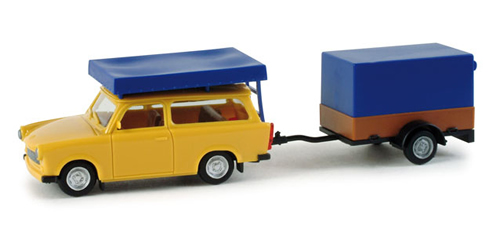 Herpa 24280 - Trabant 601 S Universal with roof top tent and canvas trailer