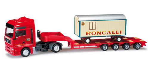 Herpa 301183 - MAN TGA XXL low boy semitrailer with circus trailer Roncalli