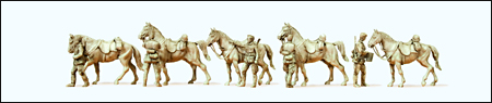 Preiser 16607 - Former German Army WWII Unpainted Figures -- Standing Cavalrymen w/Horses 1939-45 (5 Men, 5 Horses)