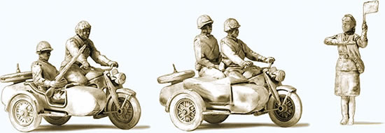 Preiser 16614 - MotorcycUUSSR Motorcycle Crew Unpainted Figures(5 men, 2 mortorclycles with side car)