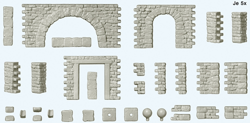 Preiser 18217 - Quarrystone walls with doorways and doorway arches, corner posts