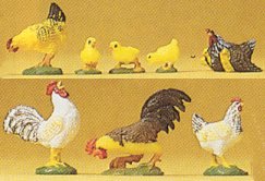 Preiser 47070 - Rooster/hen/chicken asort