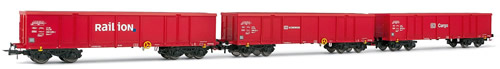 Rivarossi 6181 -  Set x 3 open wagons, type Eaos, livery   red, diff. Logos DB AG