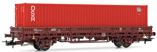 Rivarossi HR6306 - 2-axle flat wagon without stakes, DR, period IV, livery brown, loaded with 40´ container (red DSR)