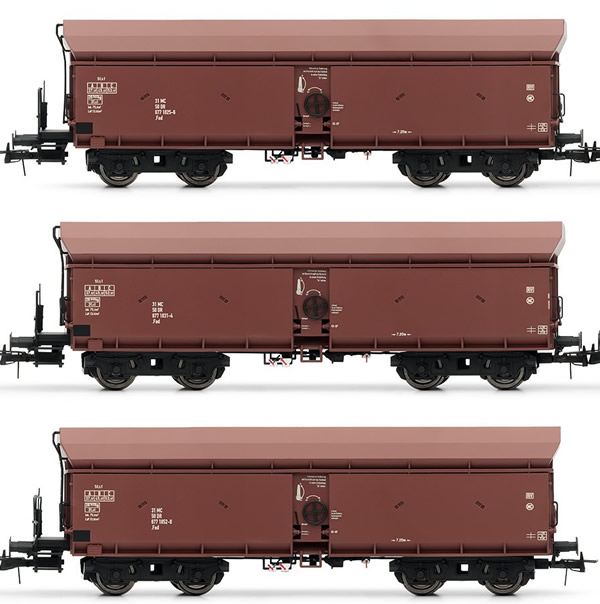Rivarossi HR6326 - German 3-unit hopper car set type Fad of the DR; in brown livery with black bogies
