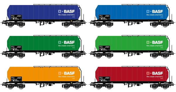 Rivarossi HR6420 - 6-unit display 4axle isolated tank wagons, different liveries, “BASF”