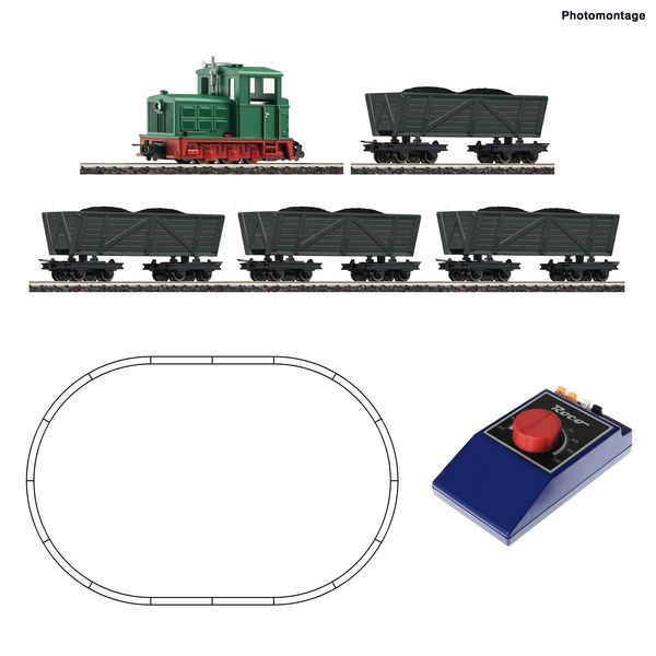 Roco 31034 - H0e Analogue Starter Set: Light railway steam locomotive with tipper wagon train.