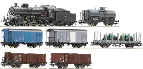 Roco 61420 - Swiss Steam locomotive Class  C5/6 with  Swiss Freight Cars
