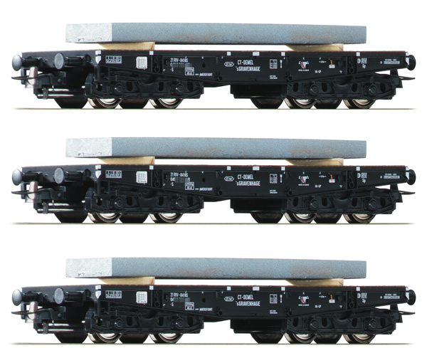 Roco 76159 - Dutch 3 Piece Heavy Duty Flat Car Set with Concrete Load of the NS